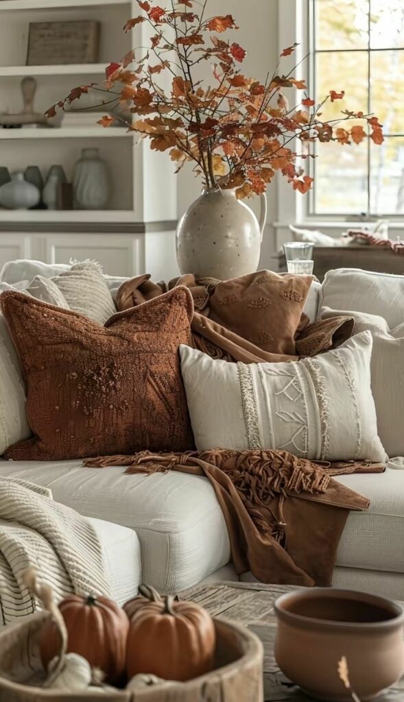 Déco de salon en brun caramel et rouille pour l’automne