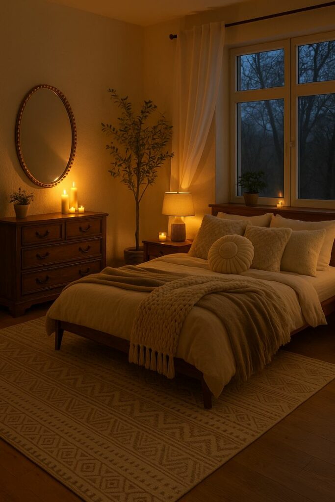 Chambre cosy éclairée par une lumière chaude propice au sommeil